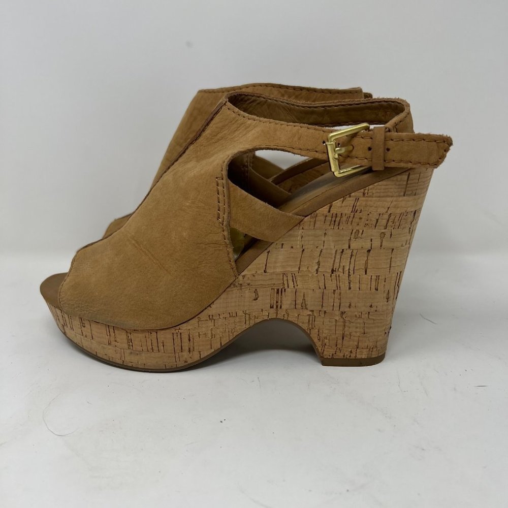 FRANCO SARTO Tan Suede Leather Wedge 5" Heel Open Toe Sandal Size 9.5M - Picture 11 of 16
